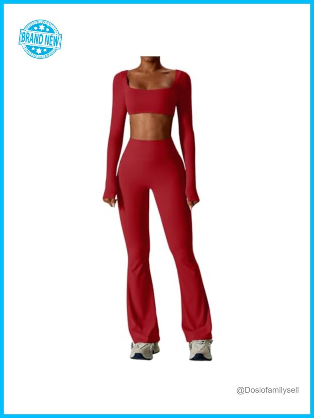2 Piece Workout Set Square Neck Crop Top High Waist Flared Leggings Yoga Gym